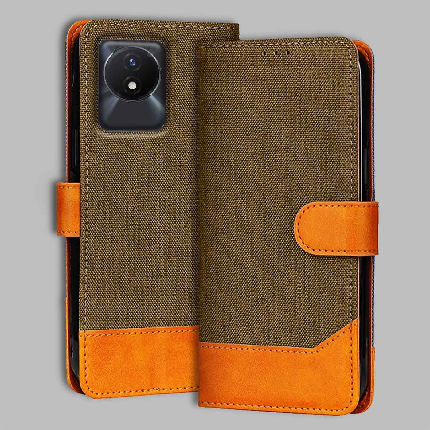 Accesorios Vivo Y02 denim flip cover – Dark Brown – Image 1 #color_dark b