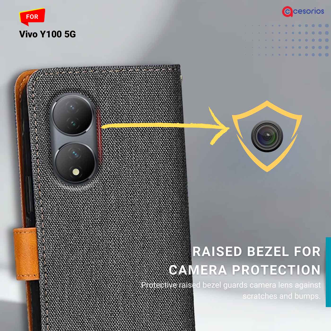 Accesorios Vivo Y100 5G denim flip cover – Grey – Image 2 #color_