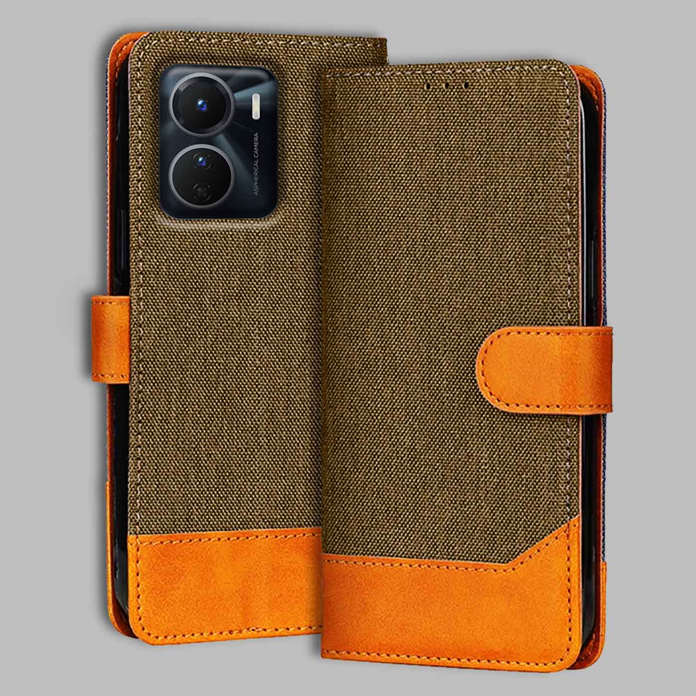 Accesorios Vivo Y16 denim flip cover – Dark Brown – Image 1 #color_dark b