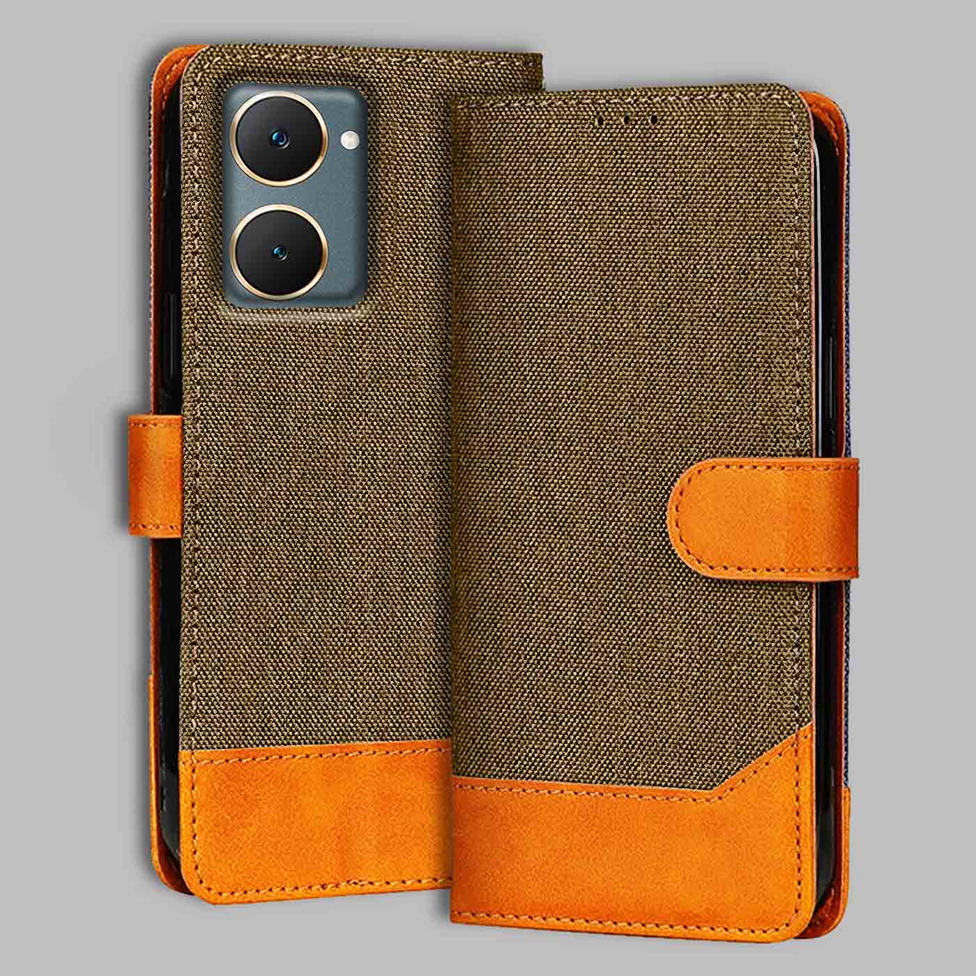 Accesorios Vivo Y18 denim flip cover – Dark Brown – Image 1 #color_dark b