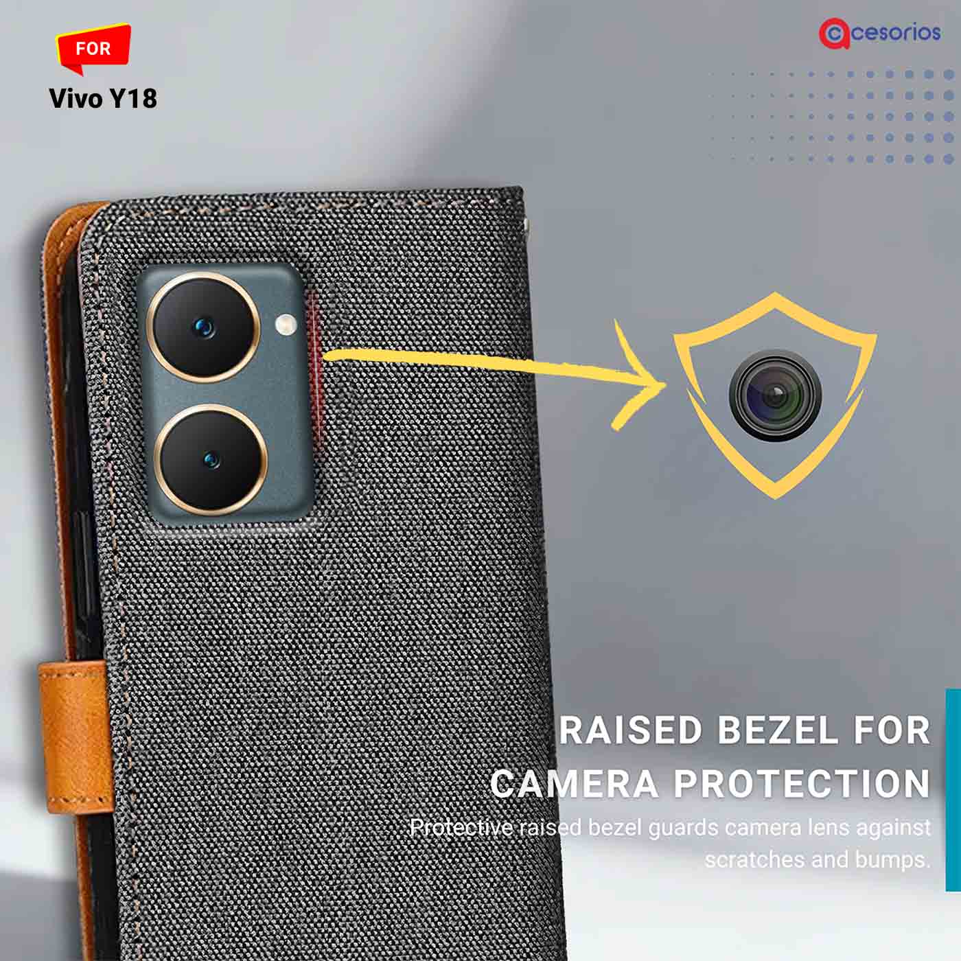 Accesorios Vivo Y18 denim flip cover – Grey – Image 2 #color_