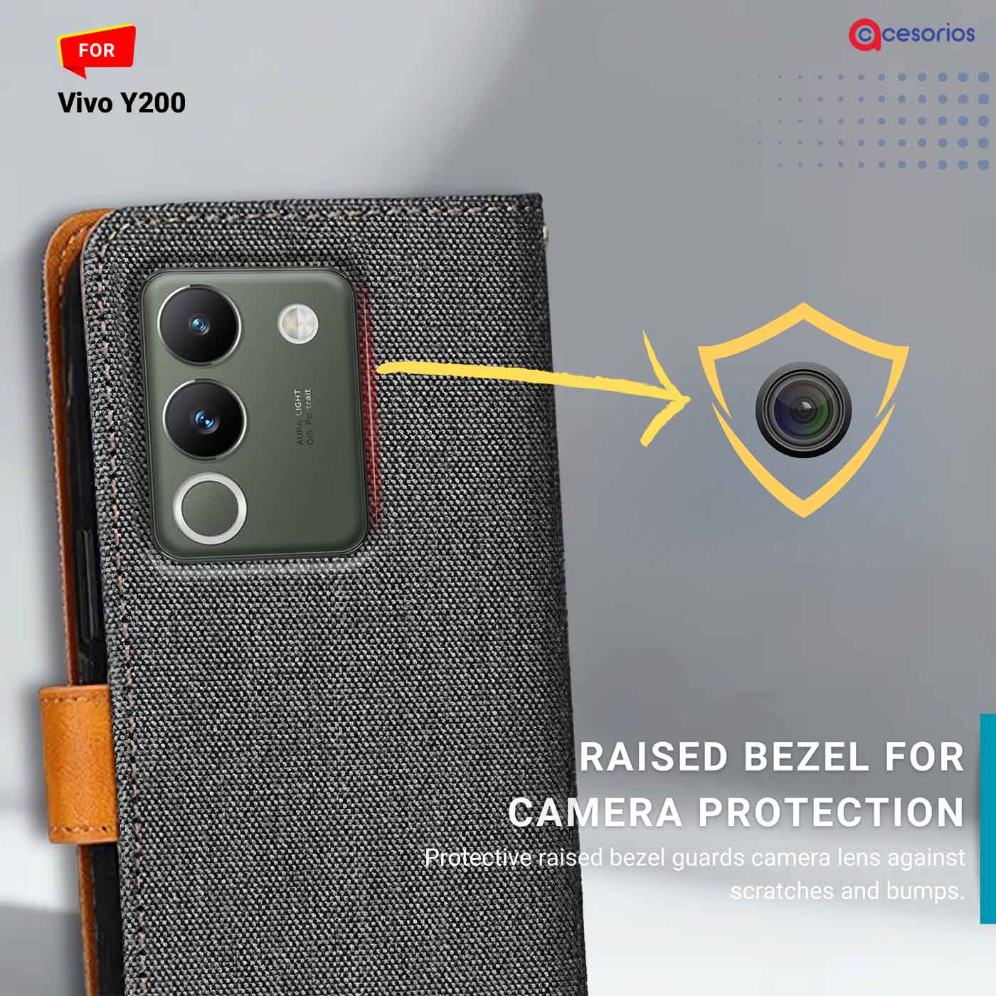 Accesorios Vivo Y200 denim flip cover – Grey – Image 2 #color_