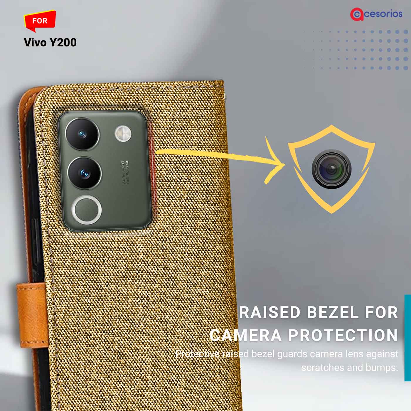Accesorios Vivo Y200 denim flip cover – Light Brown – Image 2 #color_light b