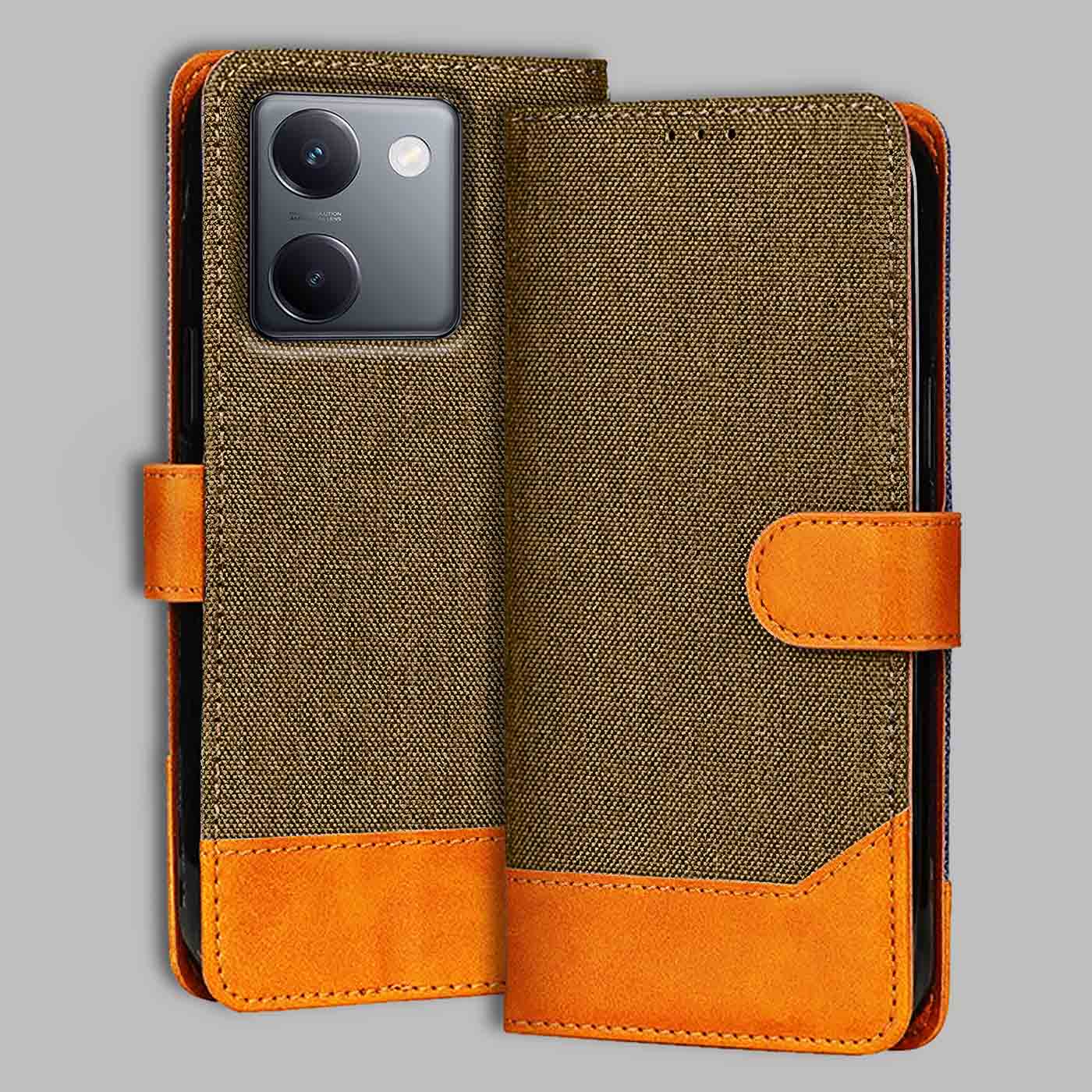 Accesorios Vivo Y200 Pro denim flip cover – Dark Brown – Image 1 #color_dark b