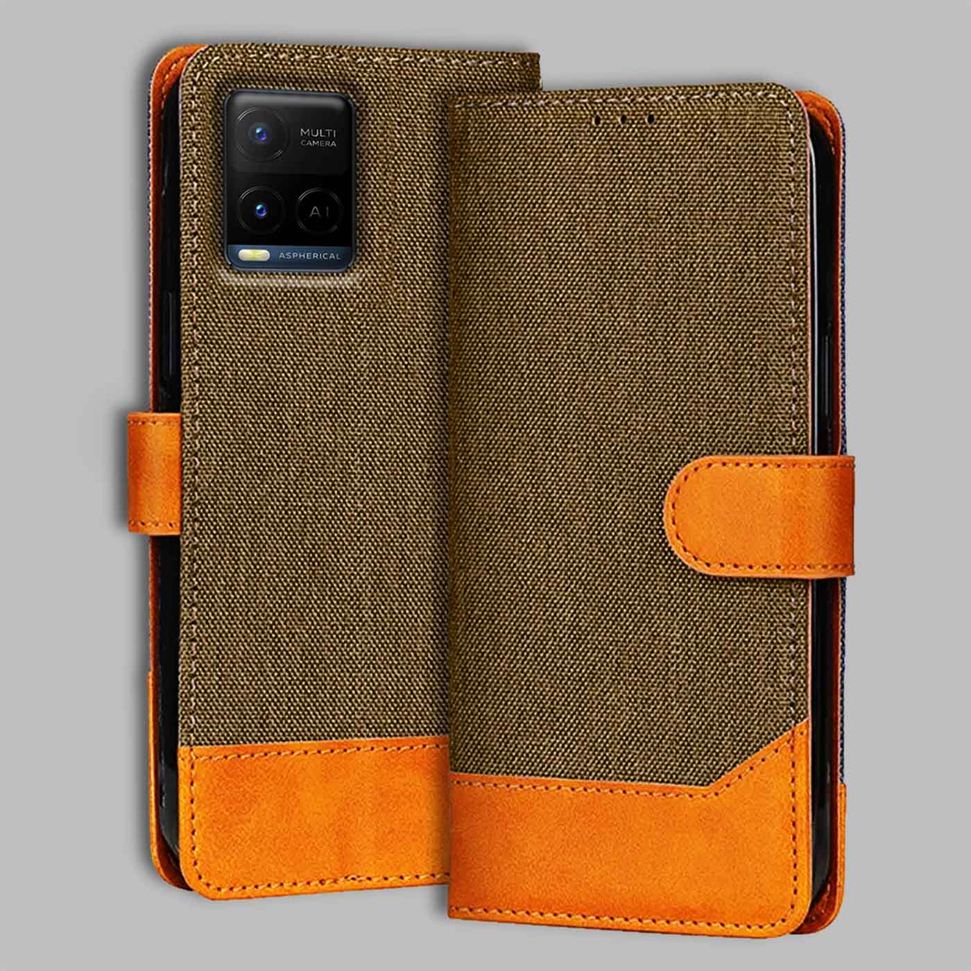 Accesorios Vivo Y21 denim flip cover – Dark Brown – Image 1 #color_dark b