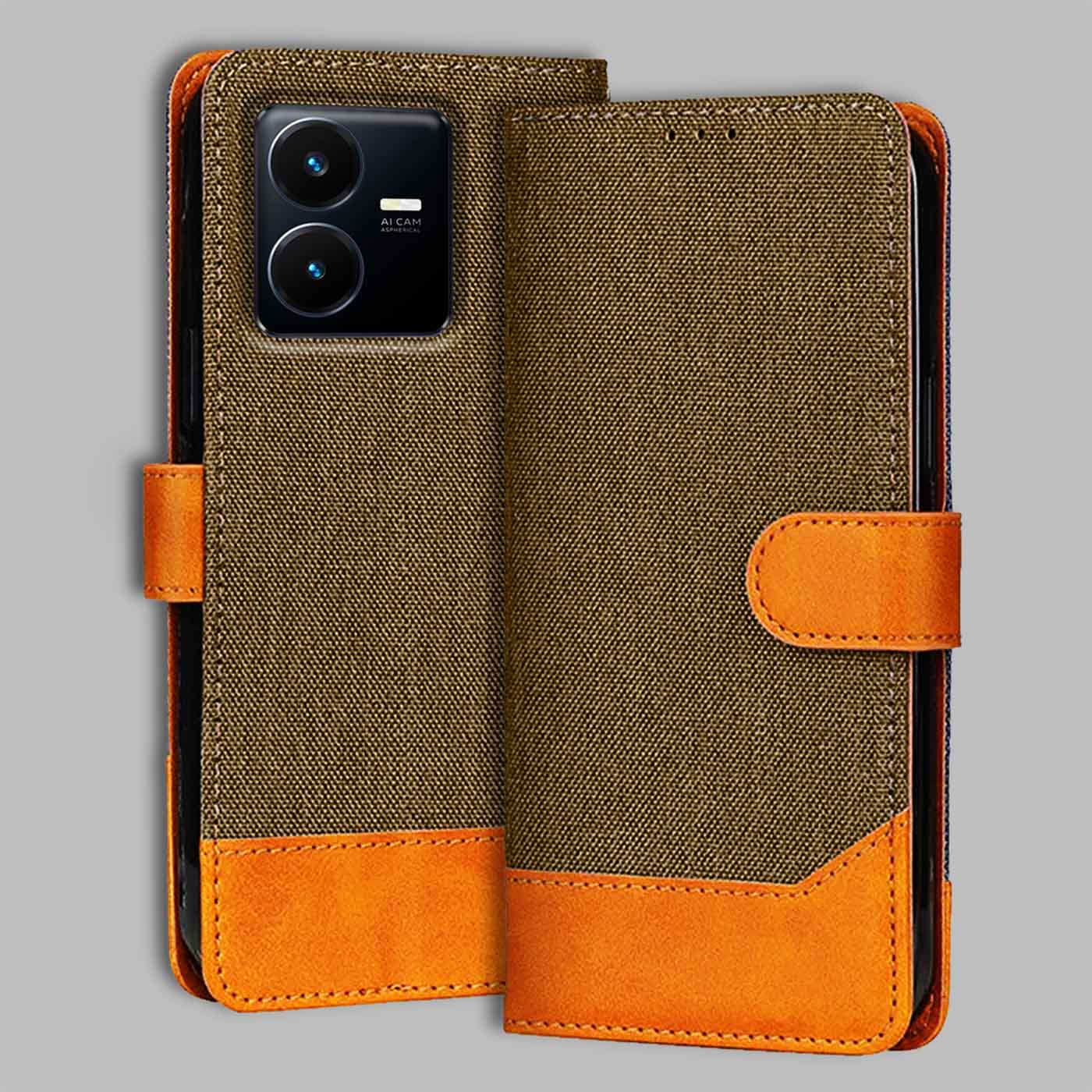 Accesorios Vivo Y22 denim flip cover – Dark Brown – Image 1 #color_dark b