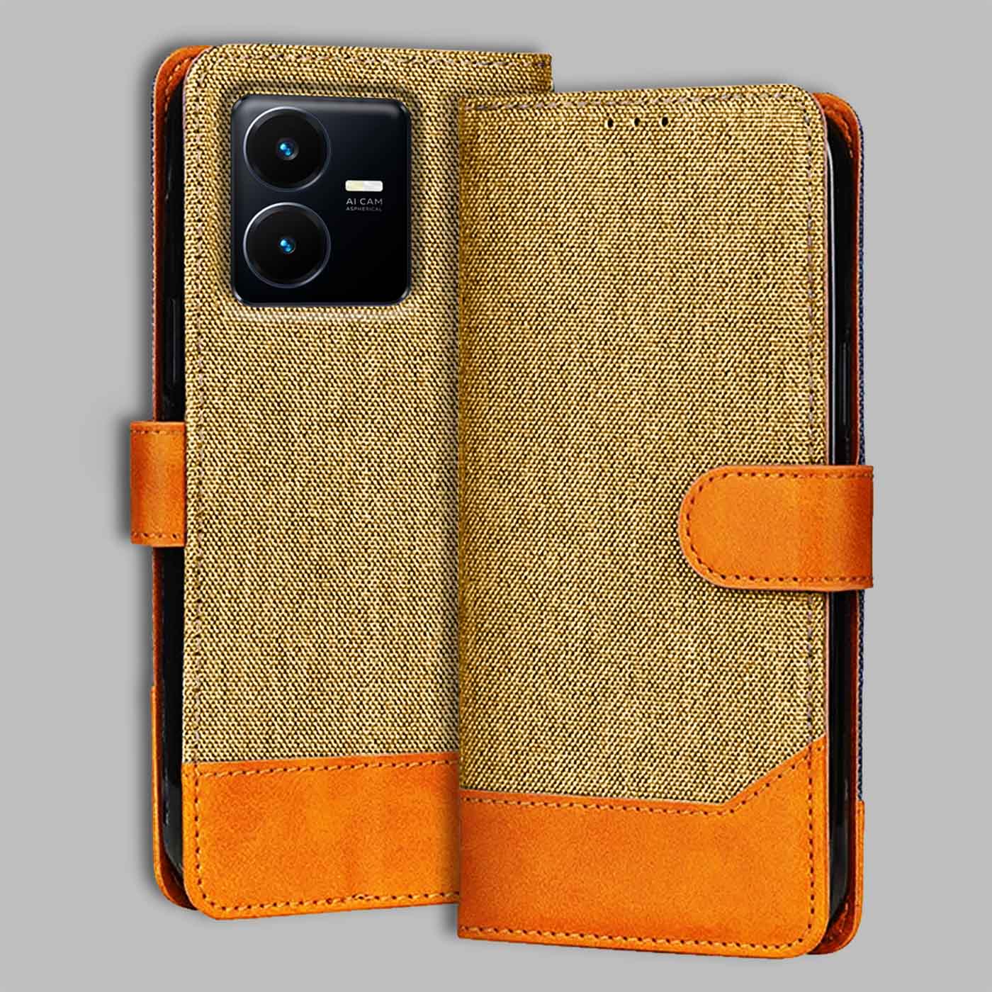 Accesorios Vivo Y22 denim flip cover – Light Brown – Image 1 #color_light b