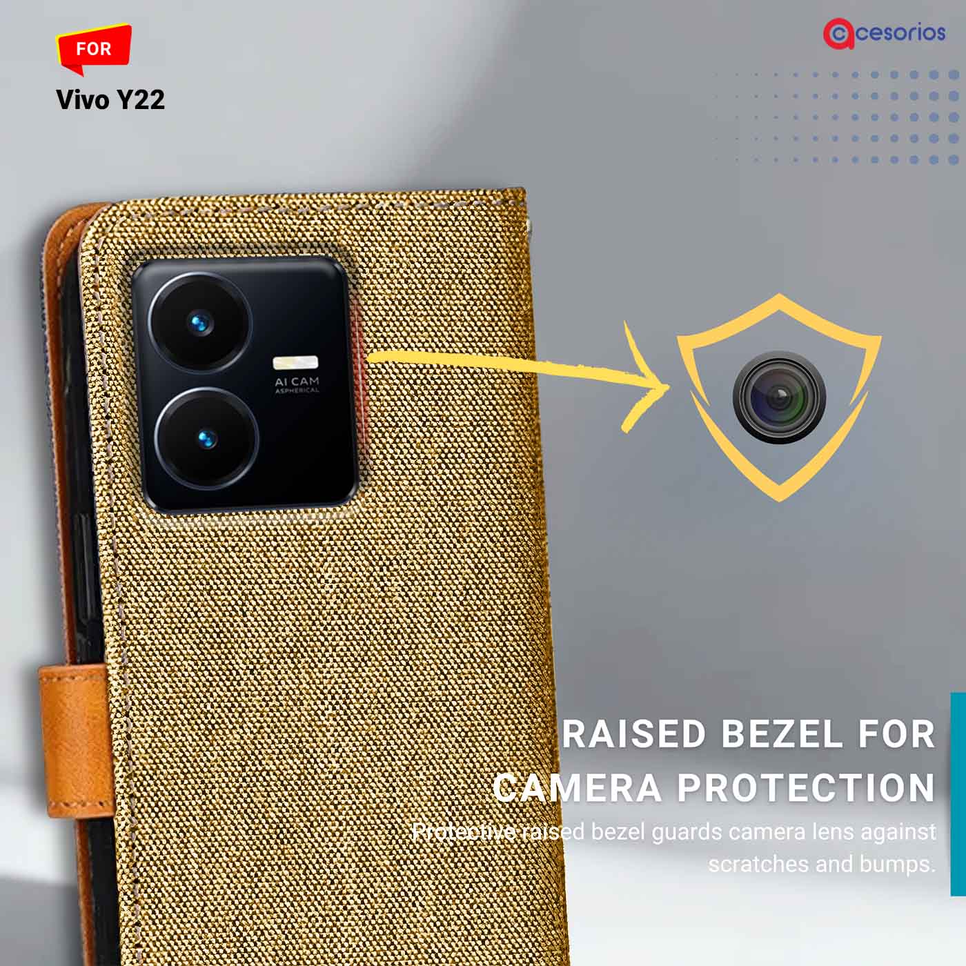Accesorios Vivo Y22 denim flip cover – Light Brown – Image 2 #color_light b