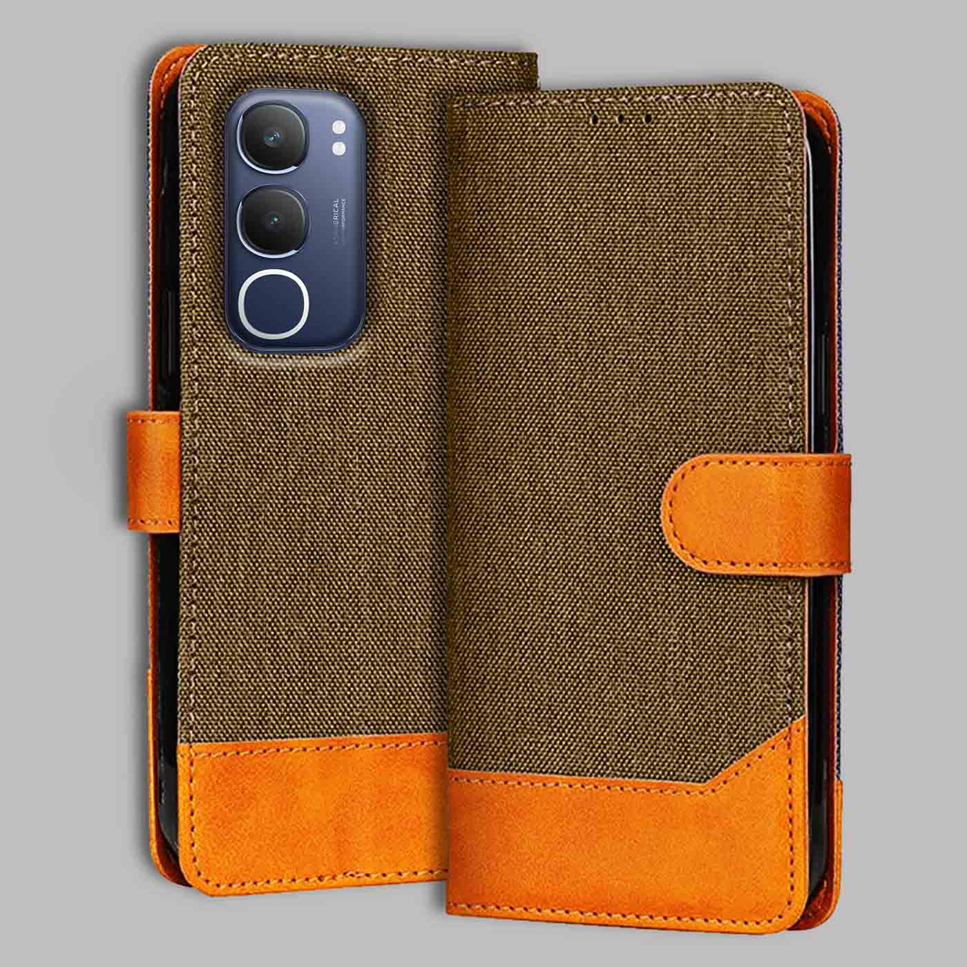 Accesorios Vivo Y29 5G denim flip cover – Dark Brown – Image 1 #color_dark b