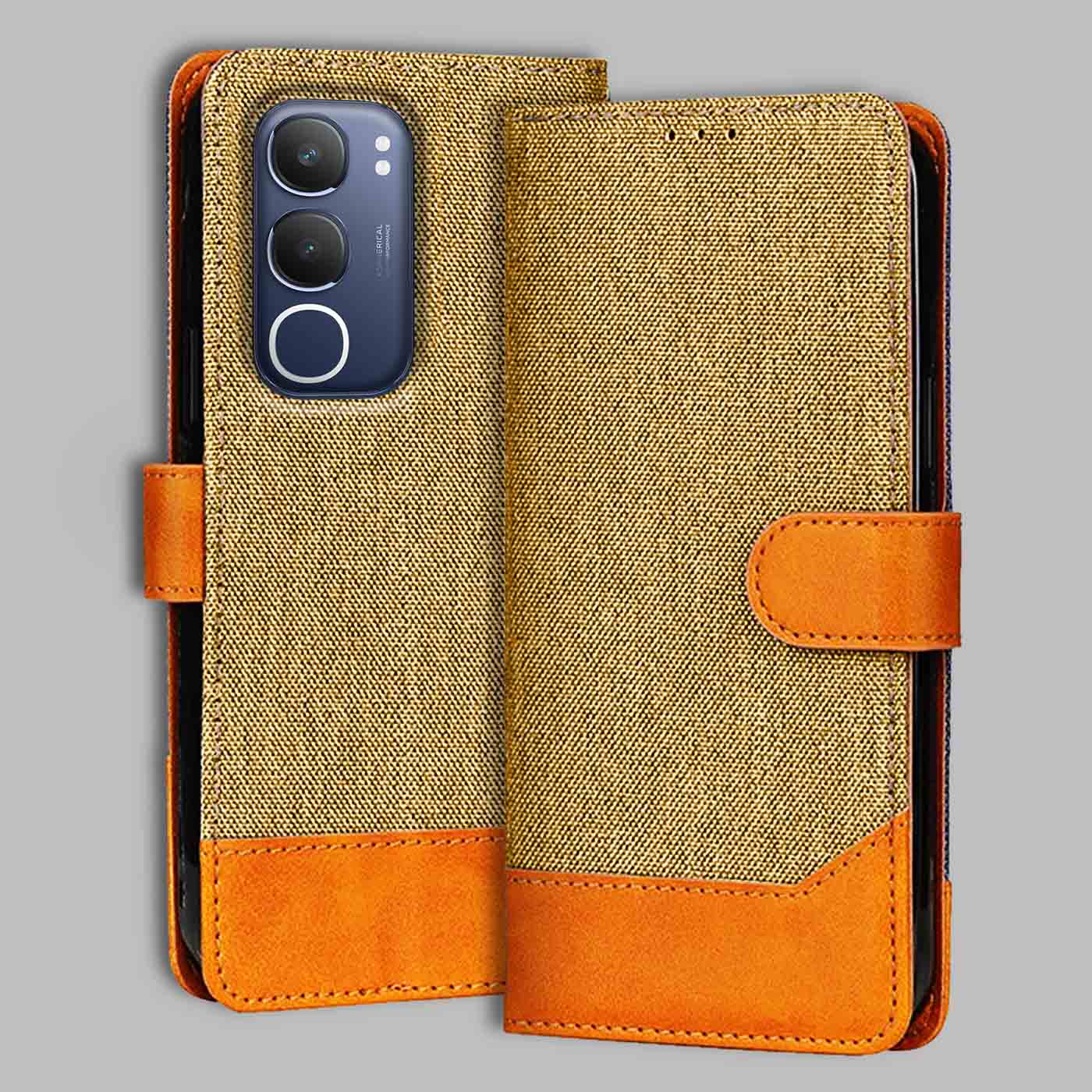 Accesorios Vivo Y29 5G denim flip cover – Light Brown – Image 1 #color_light b