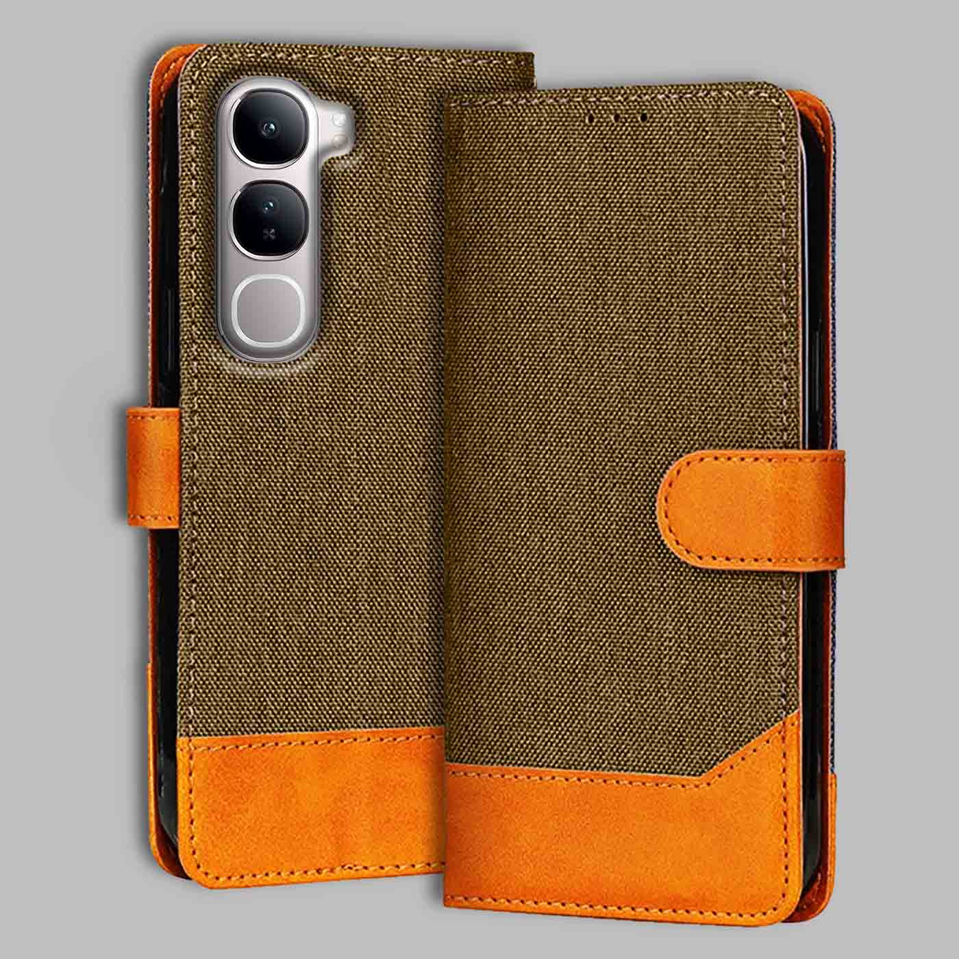 Accesorios Vivo Y300 5G denim flip cover – Dark Brown – Image 1 #color_dark b