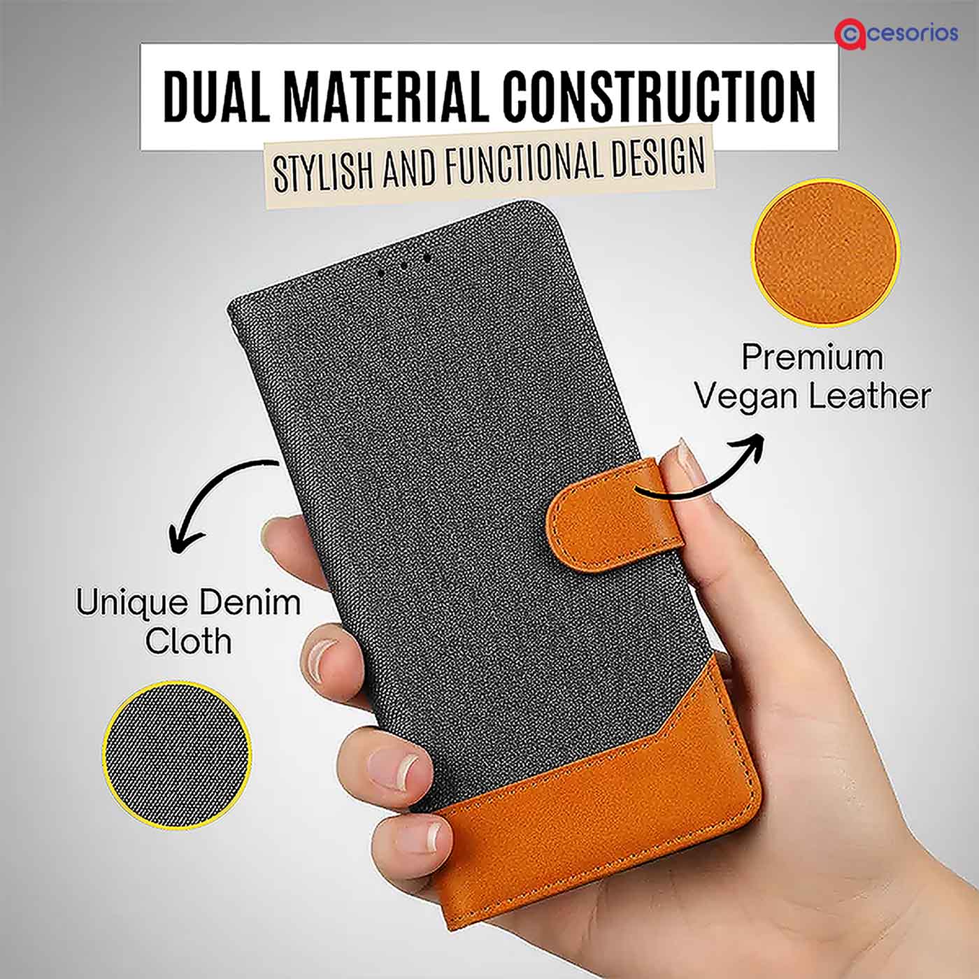 Accesorios Vivo Y300 5G denim flip cover – Grey – Image 3 #color_