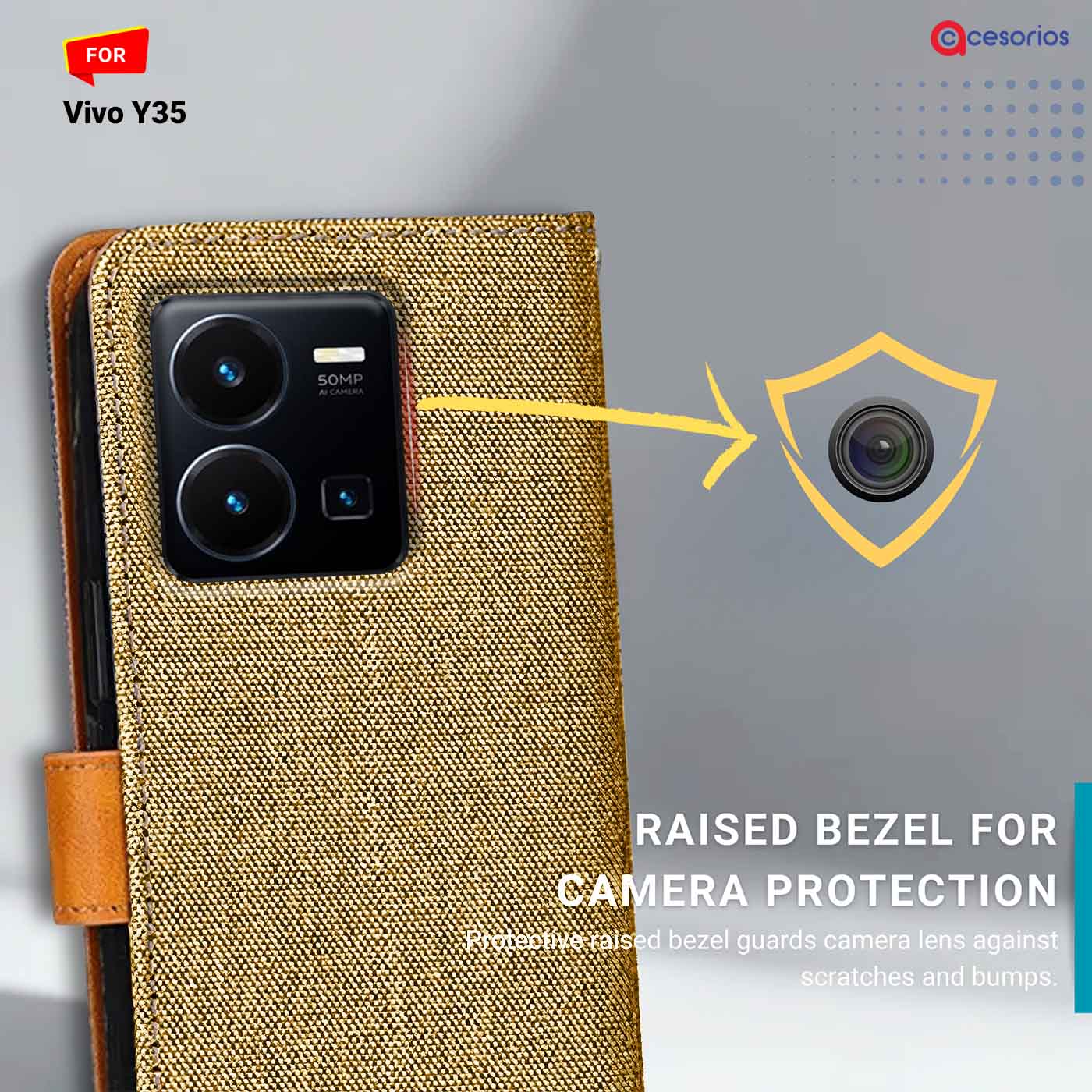 Accesorios Vivo Y35 denim flip cover – Light Brown – Image 2 #color_light b