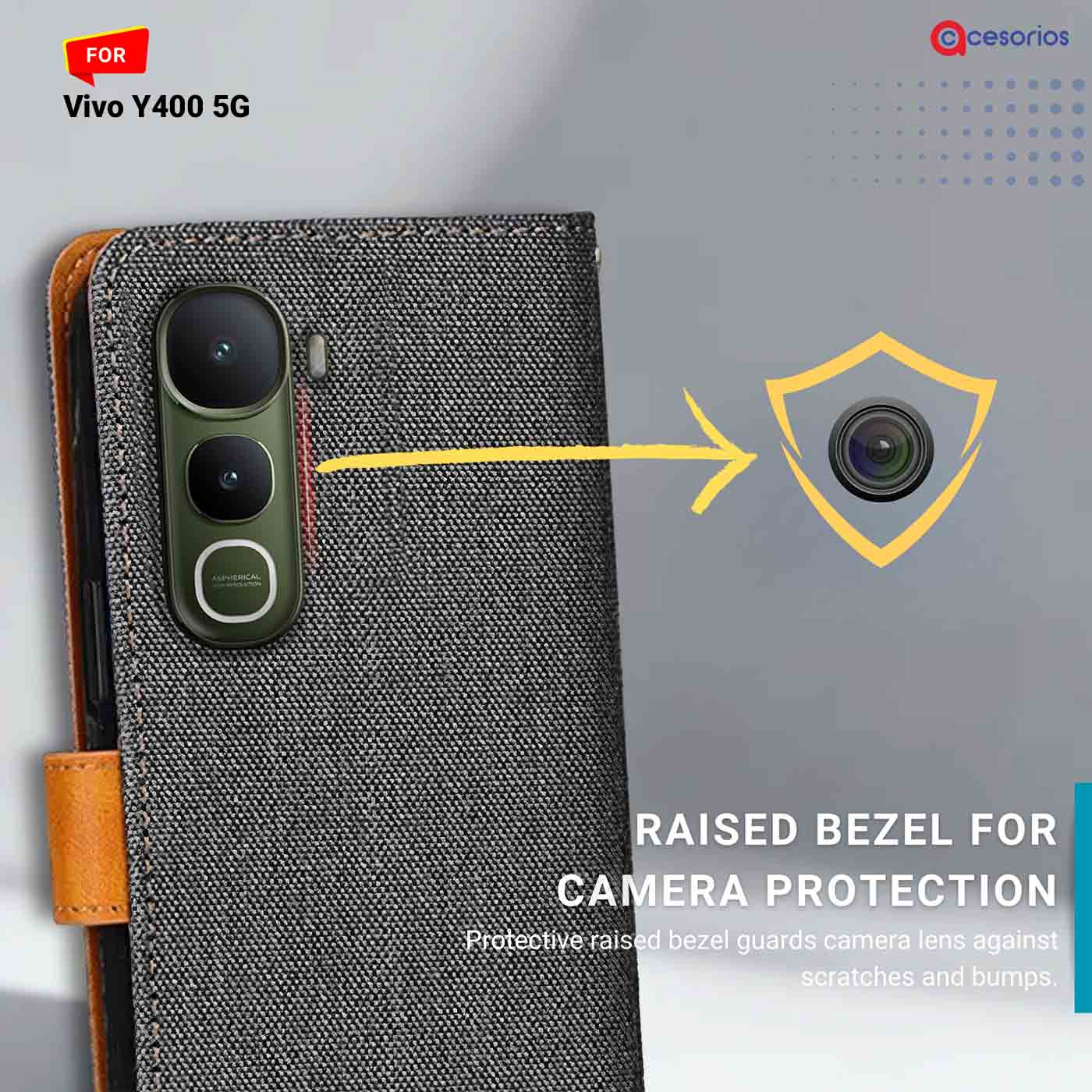 Accesorios Vivo Y400 5G denim flip cover – Grey – Image 2 #color_