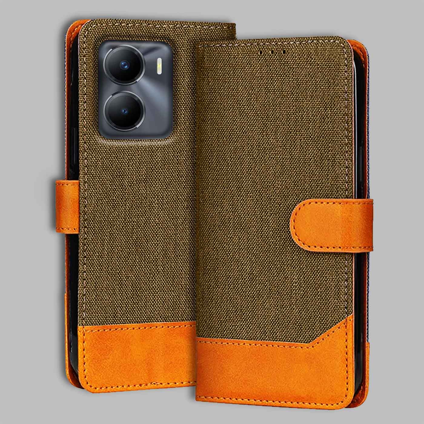 Accesorios Vivo Y56 5G denim flip cover – Dark Brown – Image 1 #color_dark b