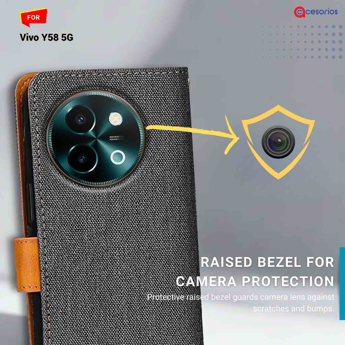 Accesorios Vivo Y58 5G denim flip cover – Grey – Image 2 #color_