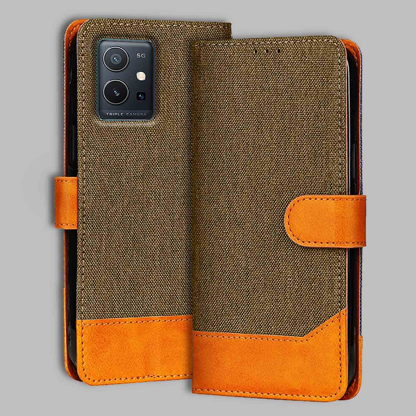 Accesorios Vivo Y75 5G denim flip cover – Dark Brown – Image 1 #color_dark b