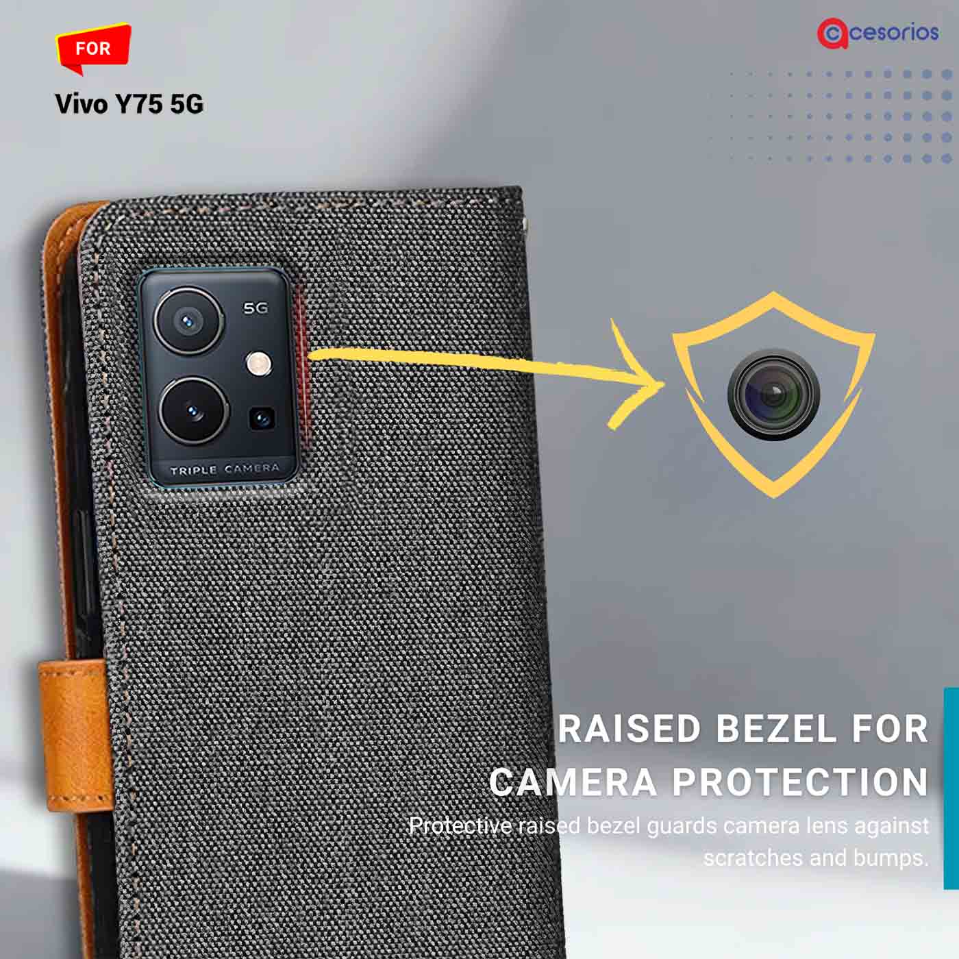 Accesorios Vivo Y75 5G denim flip cover – Grey – Image 2 #color_