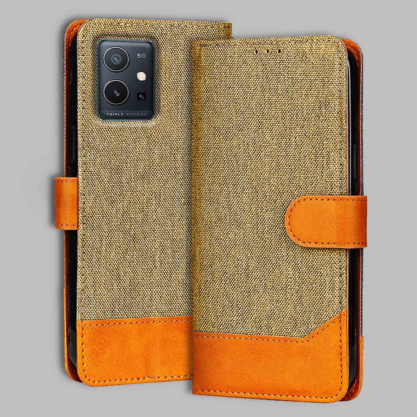 Accesorios Vivo Y75 5G denim flip cover – Light Brown – Image 1 #color_light b