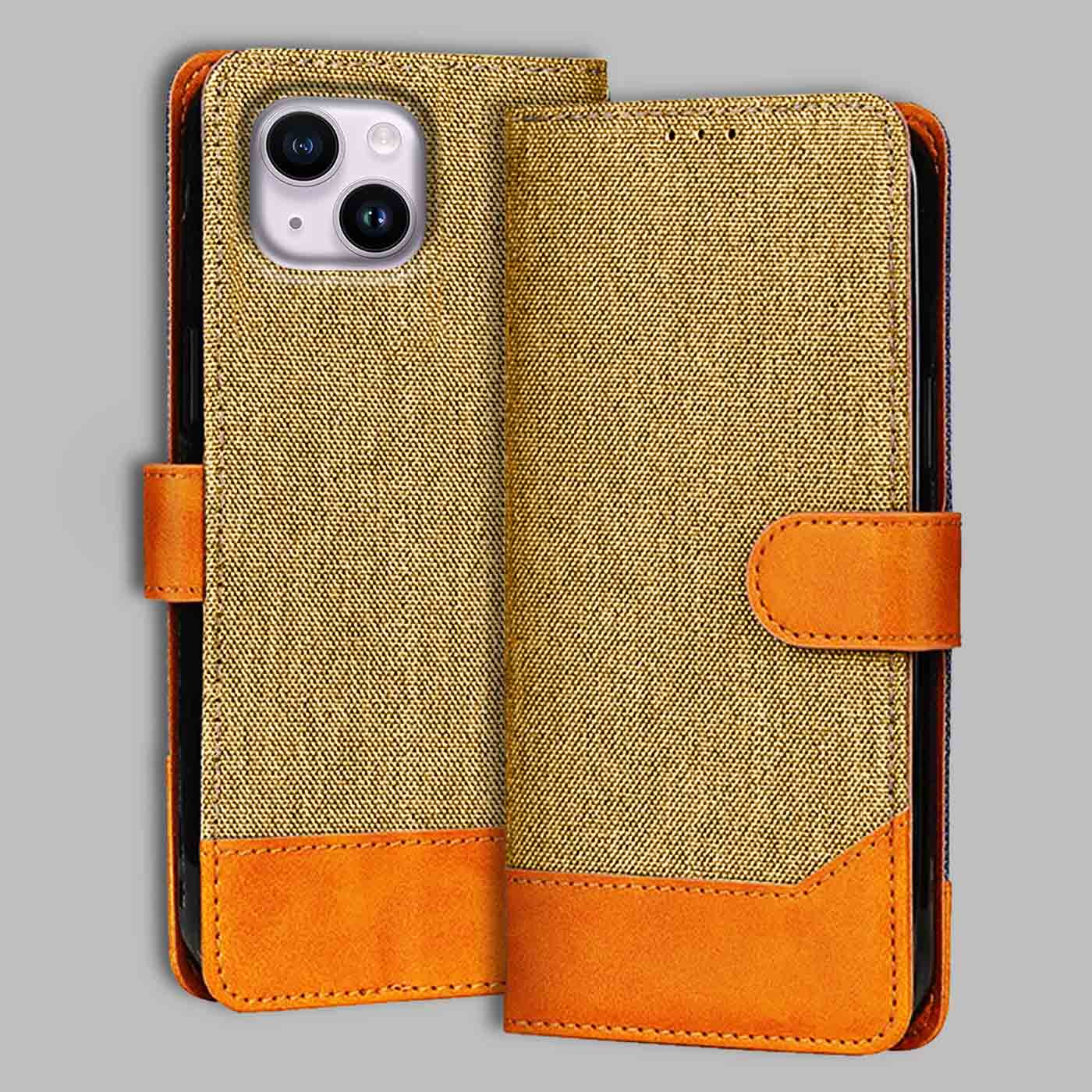 Accesorios iPhone 14 denim flip cover – Light Brown – Image 1 #color_light b