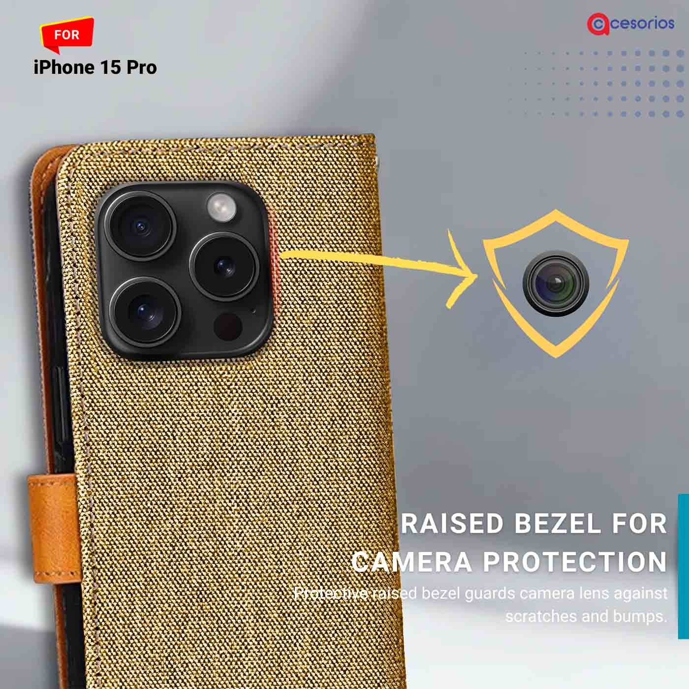 Accesorios iPhone 15 Pro denim flip cover – Light Brown – Image 2 #color_light b