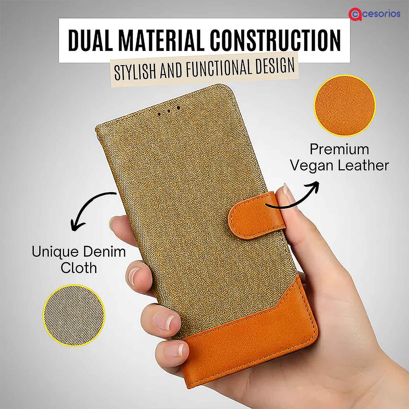 Accesorios iPhone 15 Pro denim flip cover – Light Brown – Image 3 #color_light b