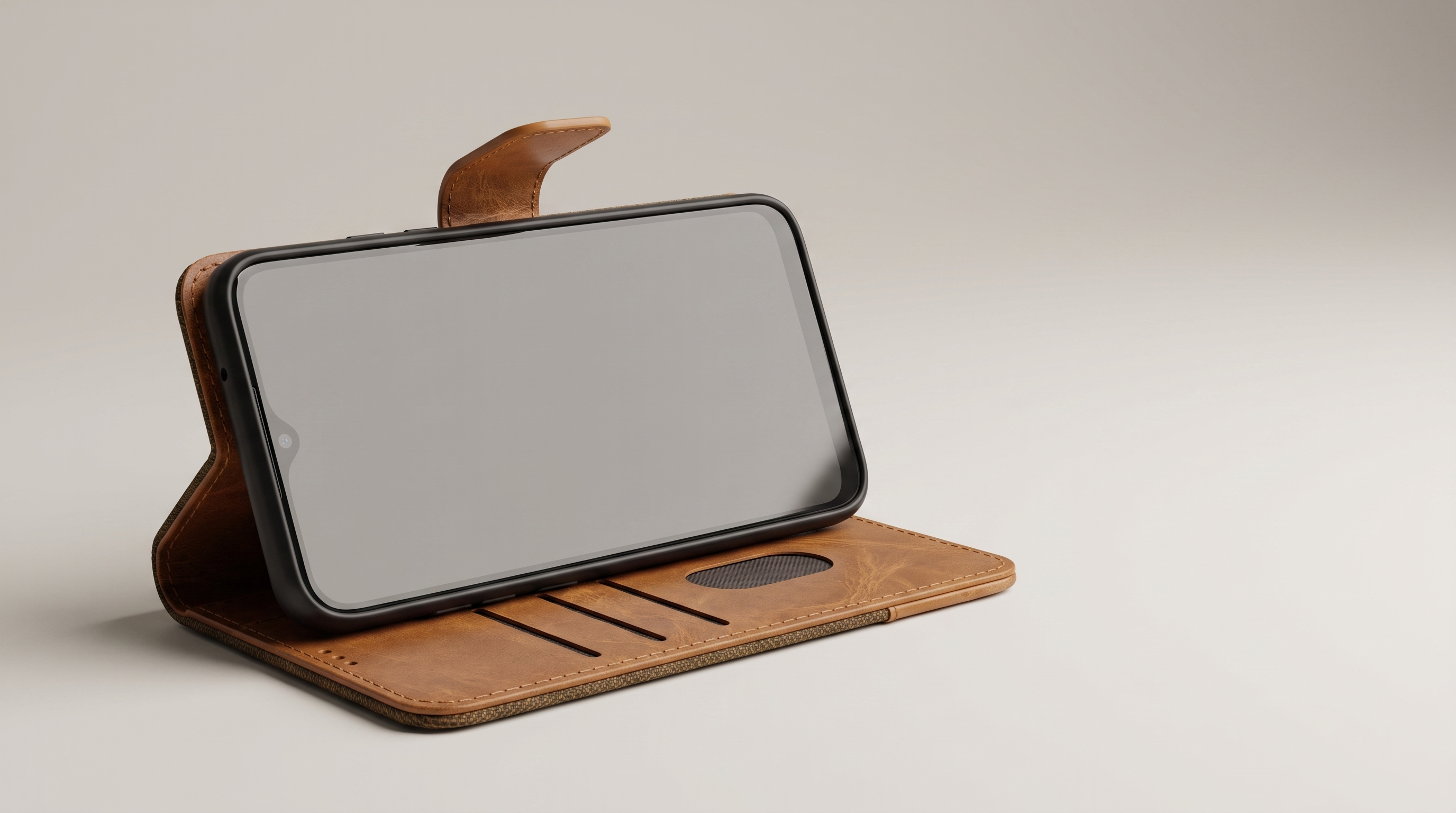 Accesorios Walnut Brown denim flip cover in stand mode, phone seated in the black tray, distressed tan vegan-leather flap with card slots and mesh window