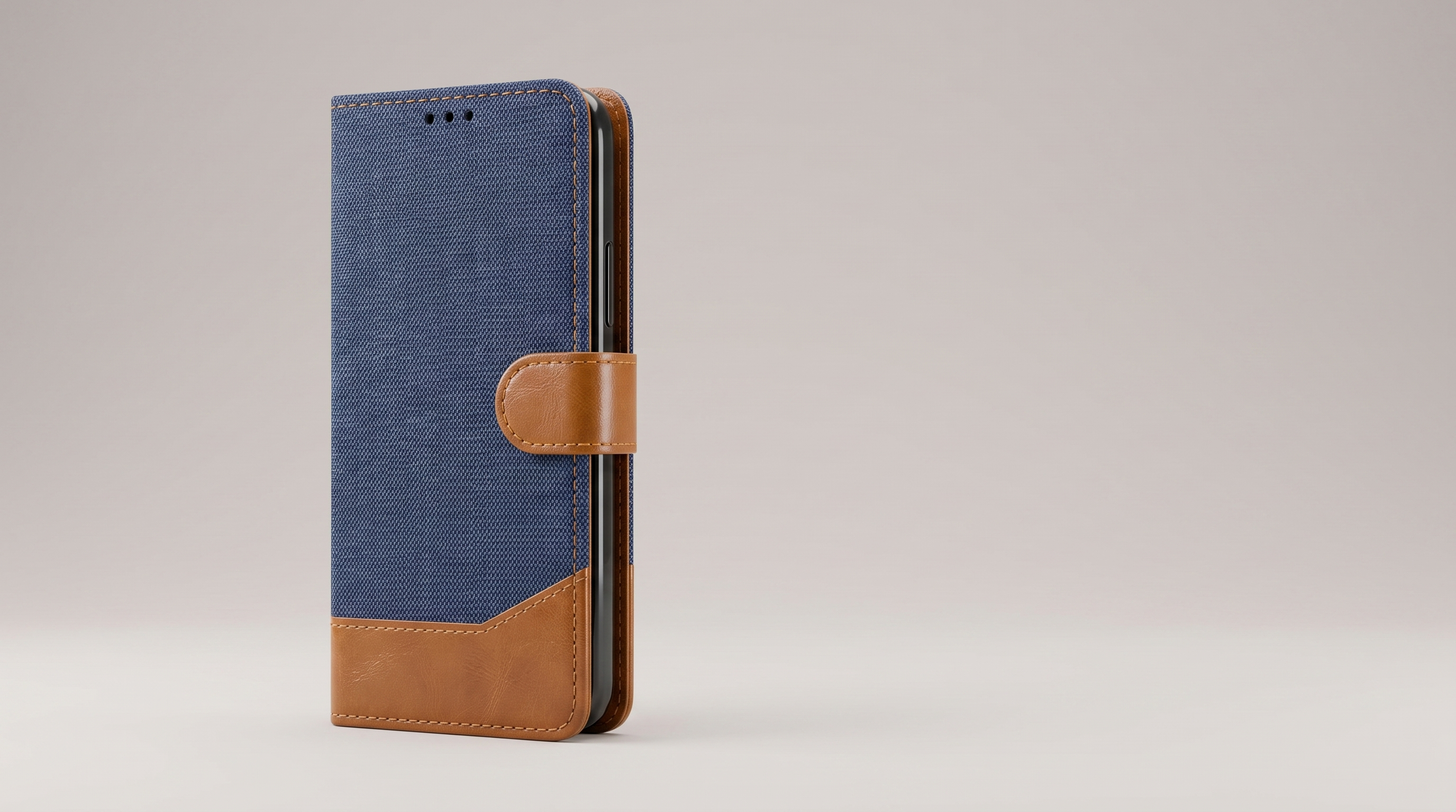 iQOO Z10X denim flip cover front — Accesorios, midnight blue denim with tan vegan-leather trim