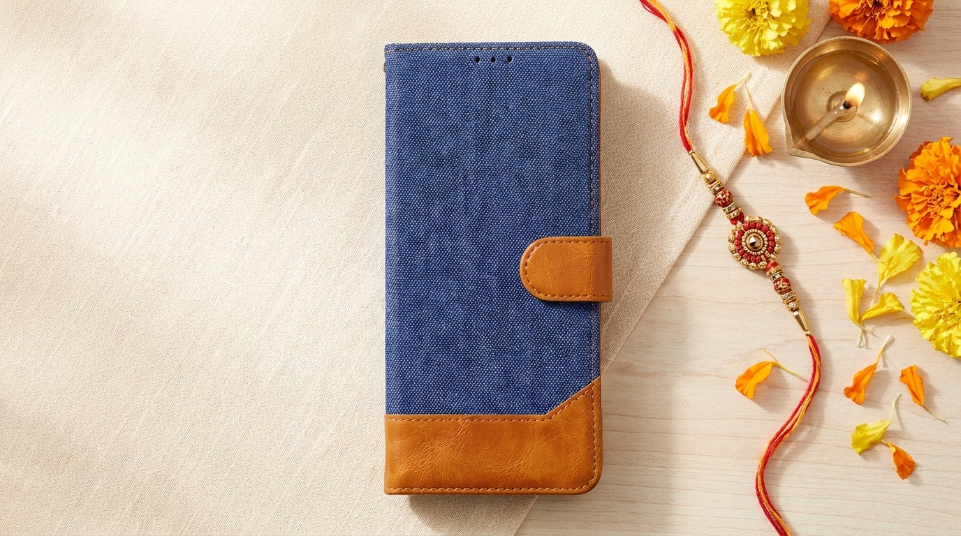 Midnight Blue denim wallet flip cover as a Raksha Bandhan gift for a brother, with a rakhi thread, brass diya and marigolds