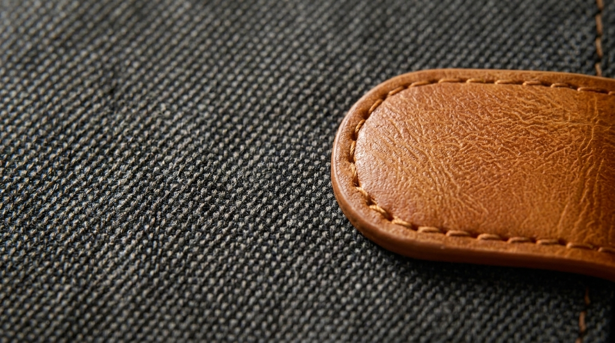Macro of Graphite Grey denim weave meeting tan vegan-leather trim, showing phone case material texture