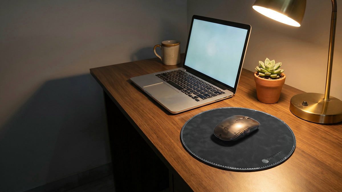 Round 23 cm Slate Charcoal mouse pad with a mouse on it on a wooden desk beside a laptop, showing the pad's footprint against the desk