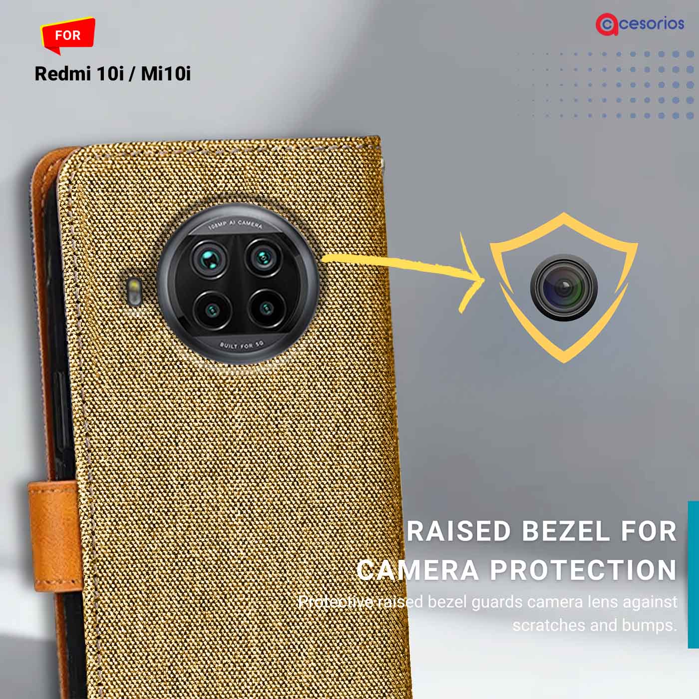 Denim & Leather back panel — Redmi 10I in Light Brown mobile case