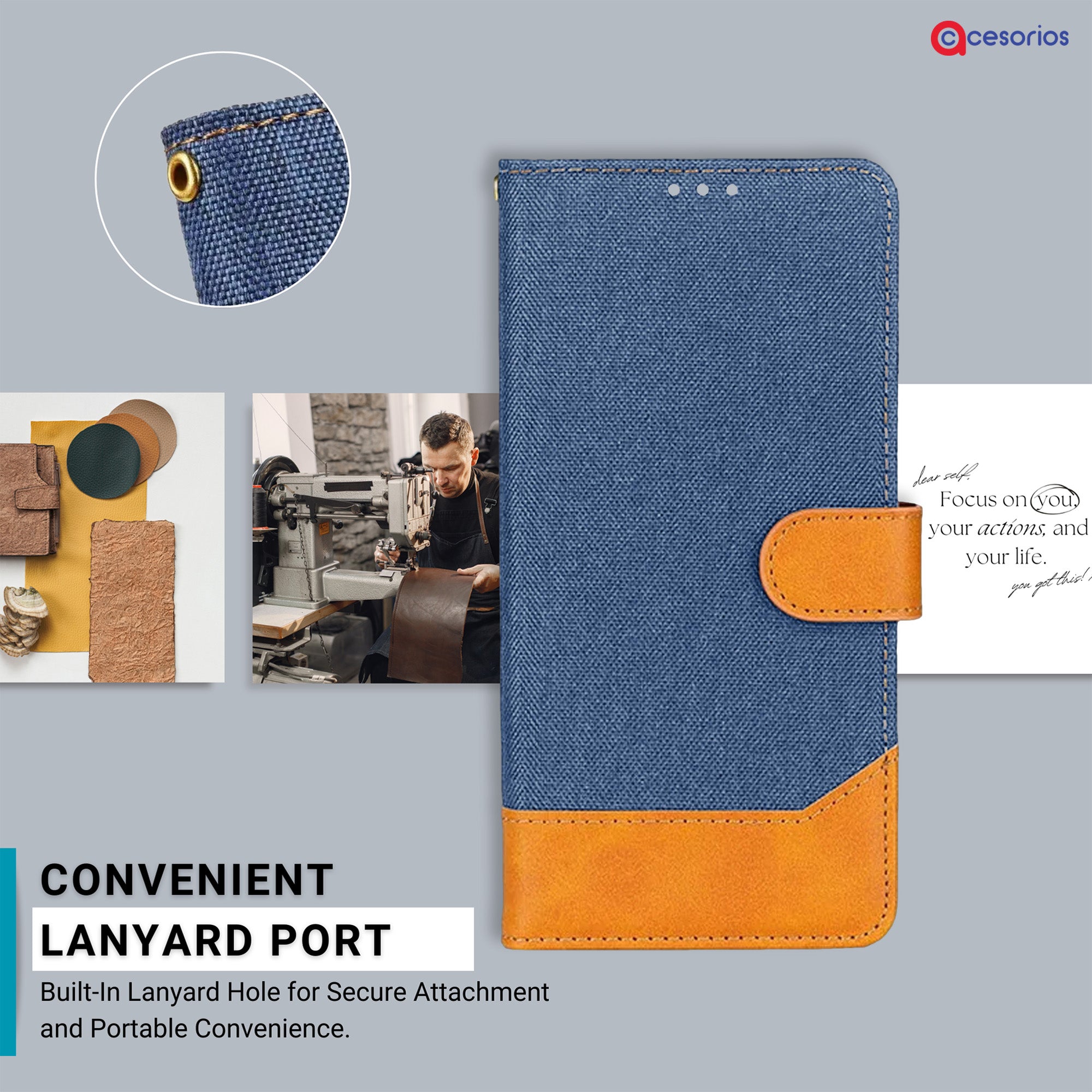 Premium denim and leather texture closeup — Redmi MIA2 phone cover