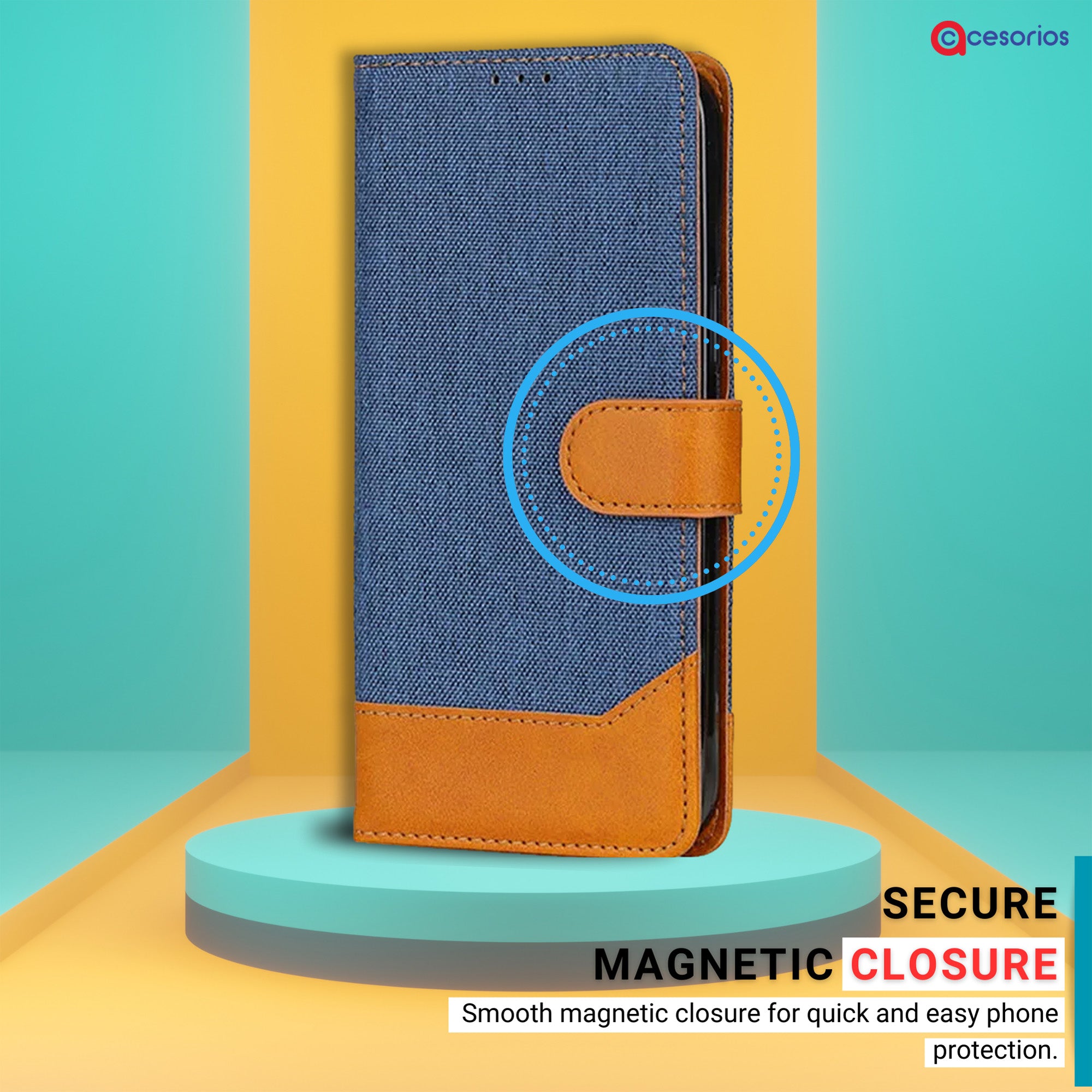 Hand holding Redmi MIA2 in Blue flip cover with magnetic closure