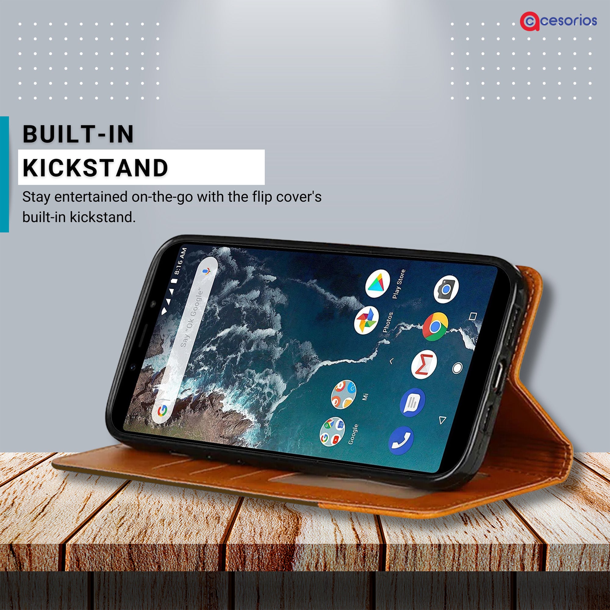 Side profile of Redmi MIA2 in Dark Brown Denim & Leather flip cover
