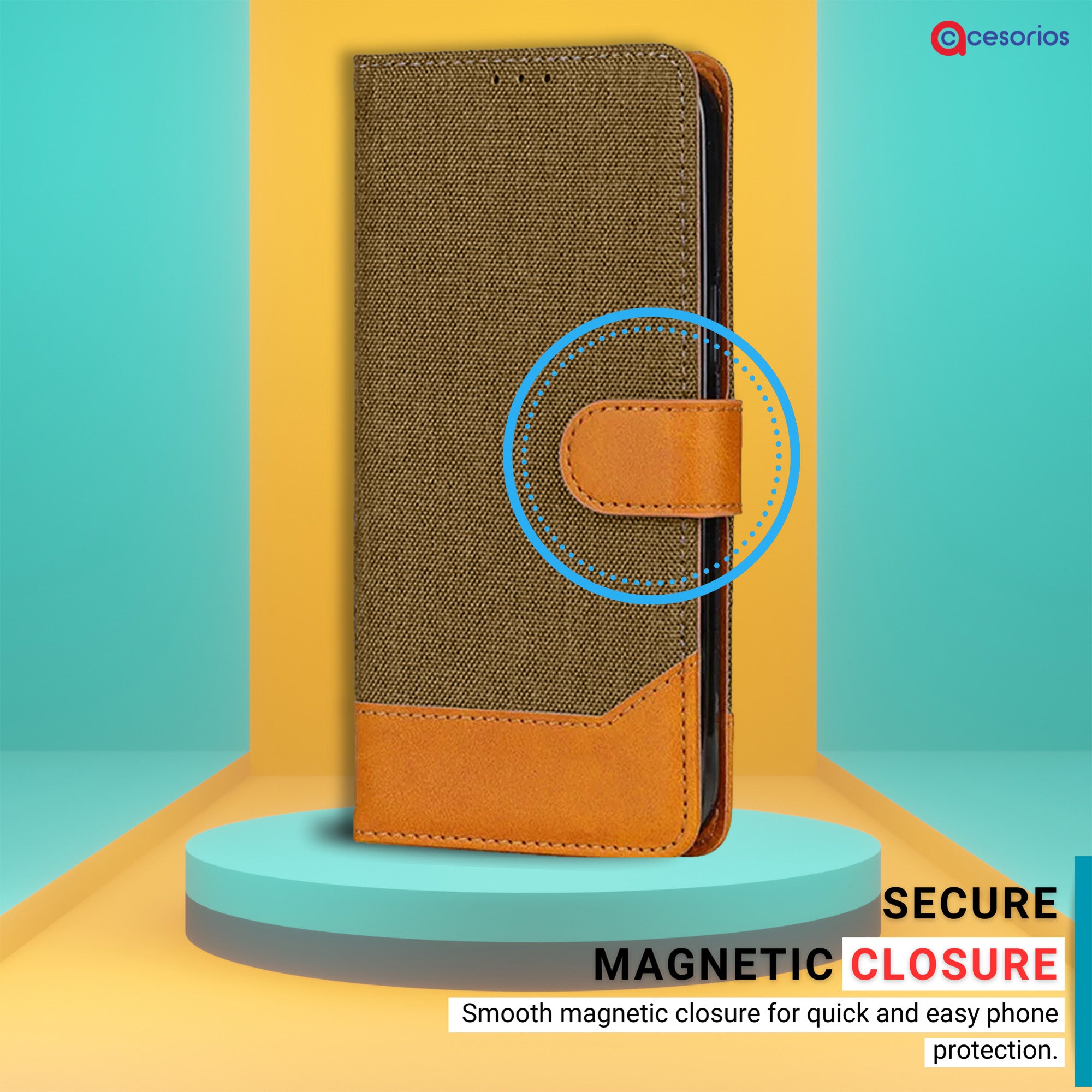 Hand holding Redmi MIA2 in Dark Brown flip cover with magnetic closure