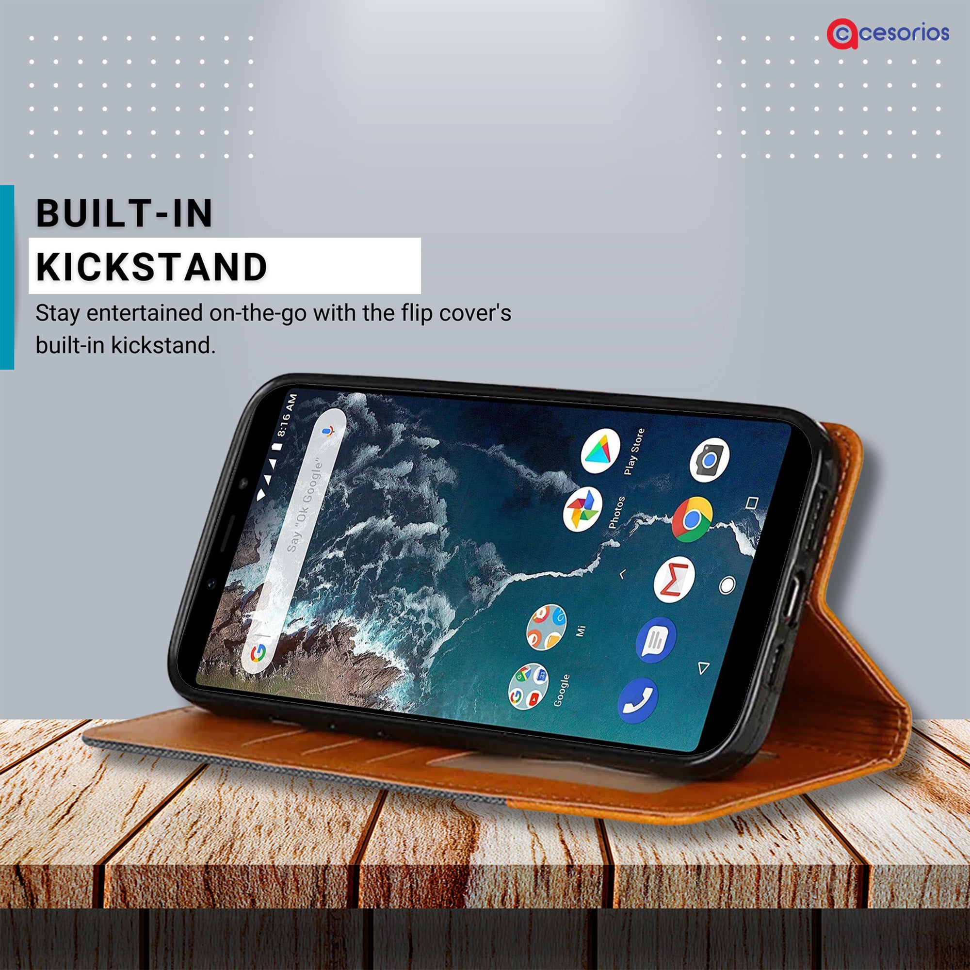 Side profile of Redmi MIA2 in Grey Denim & Leather flip cover