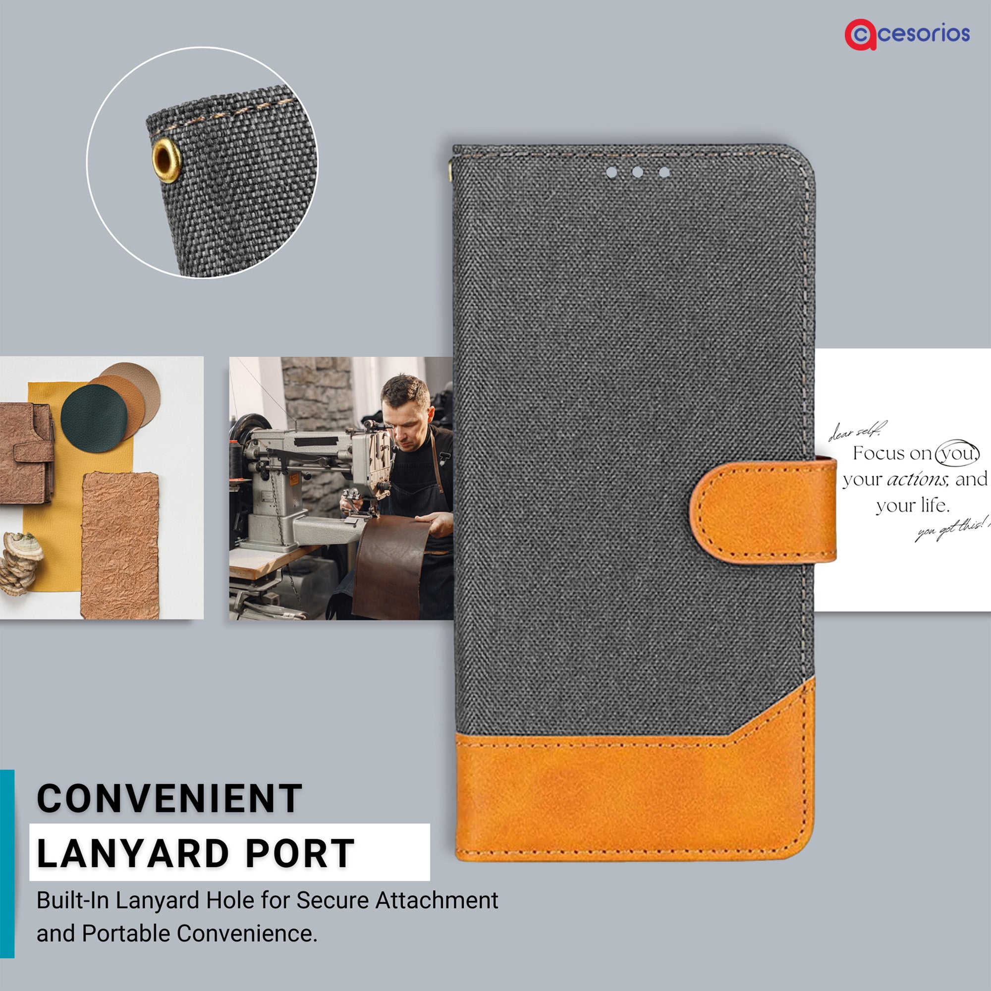 Premium denim and leather texture closeup — Redmi MIA2 phone cover