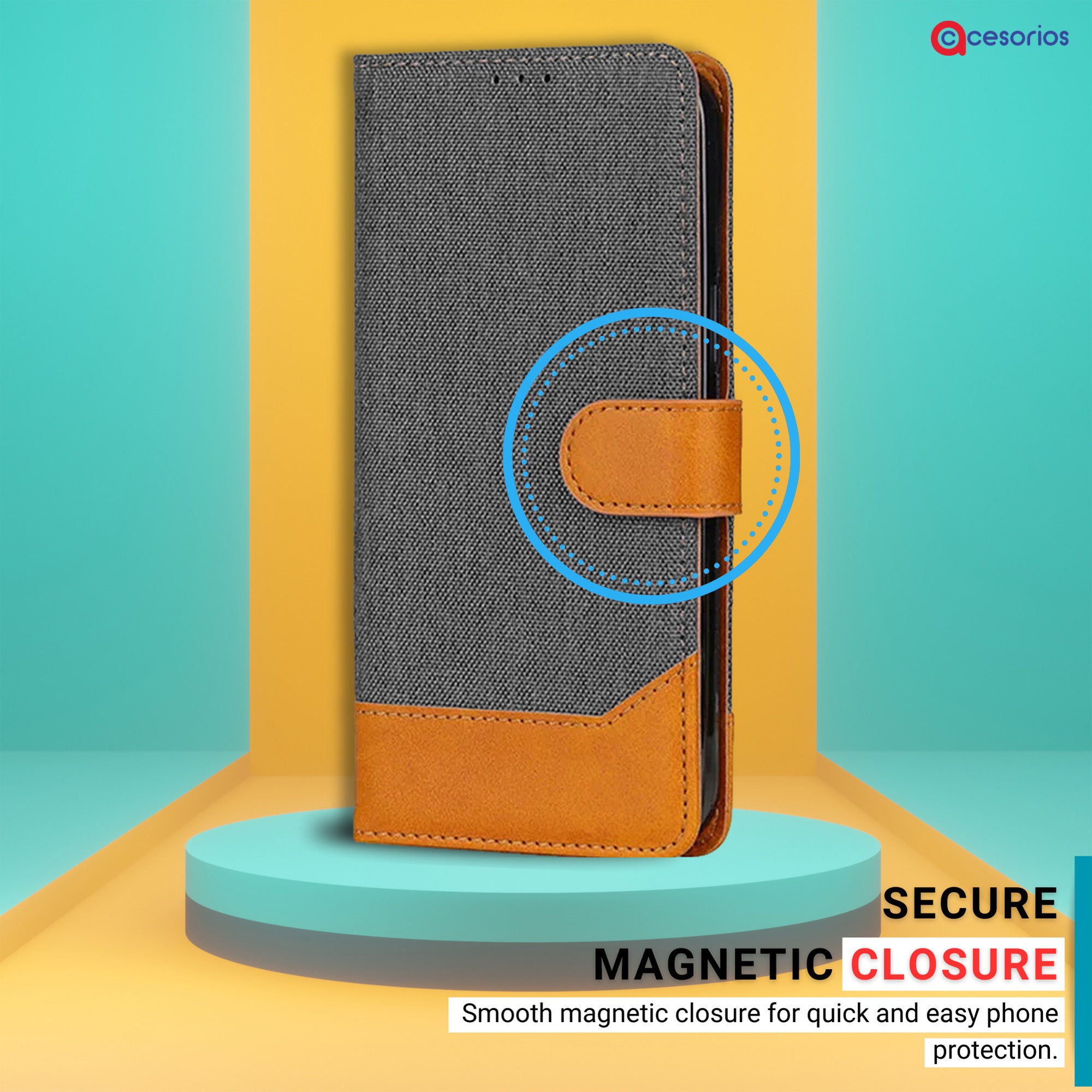 Hand holding Redmi MIA2 in Grey flip cover with magnetic closure