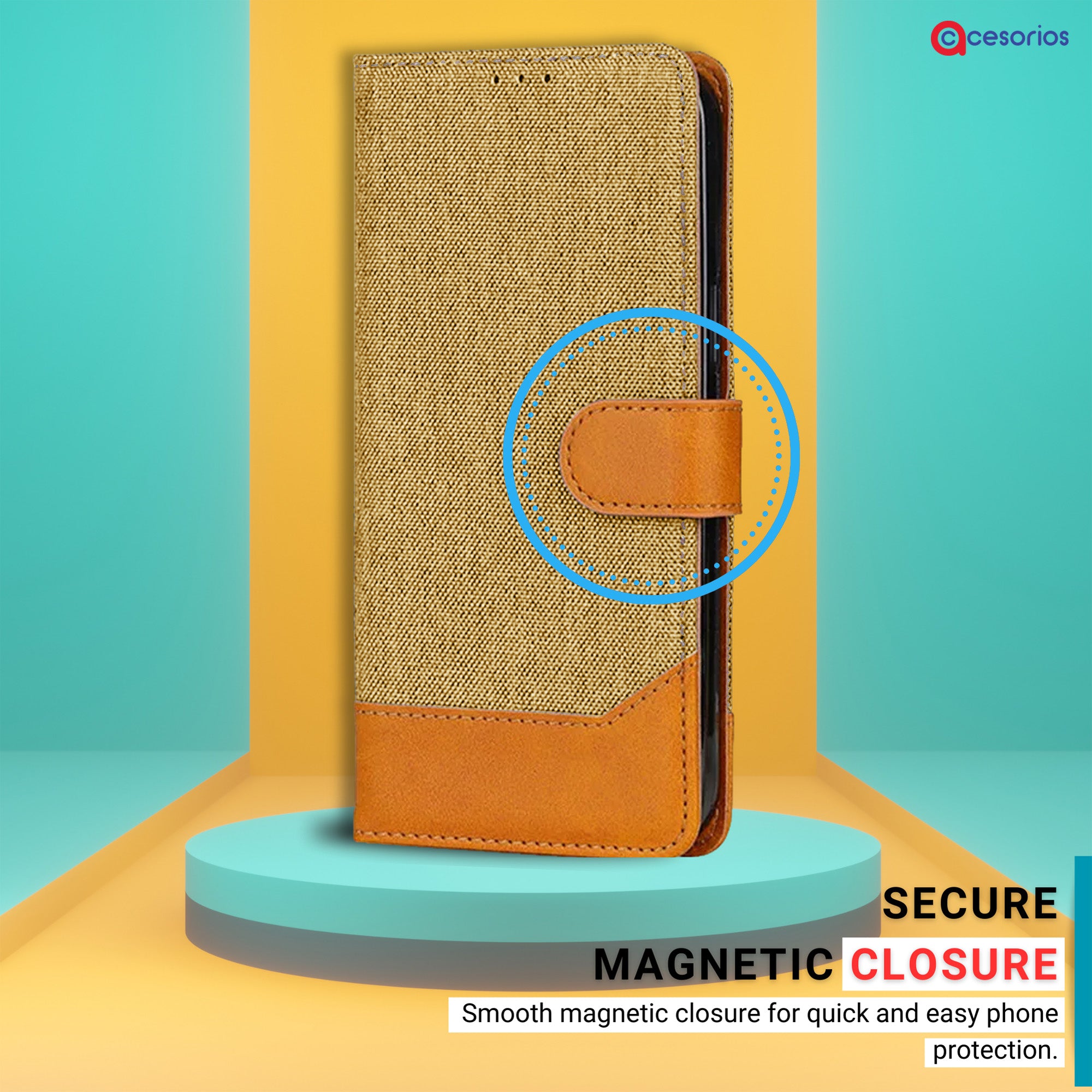 Hand holding Redmi MIA2 in Light Brown flip cover with magnetic closure