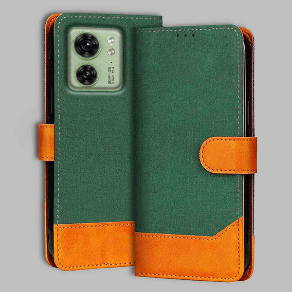 Moto Edge 40 Flip Cover — Chambray, Forest Green after a year of daily use