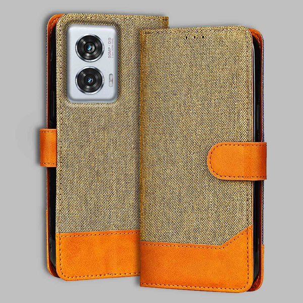 Moto Edge 50 Fusion Flip Cover — Denim, Camel Beige after a year of daily use