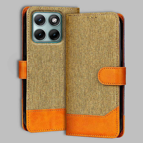 Moto Edge 70 Fusion Flip Cover — Denim, Camel Beige after a year of daily use