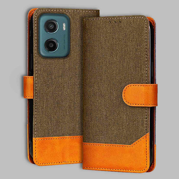 Moto G05 5G Flip Cover — Denim, Walnut Brown after a year of daily use