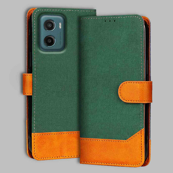 Moto G05 5G Flip Cover — Chambray, Forest Green after a year of daily use