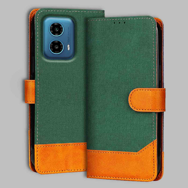 Moto G34 5G Flip Cover — Chambray, Forest Green after a year of daily use