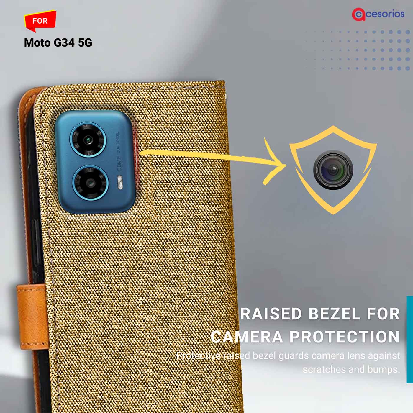 Denim & Leather back panel — Moto G34 5G in Light Brown mobile case