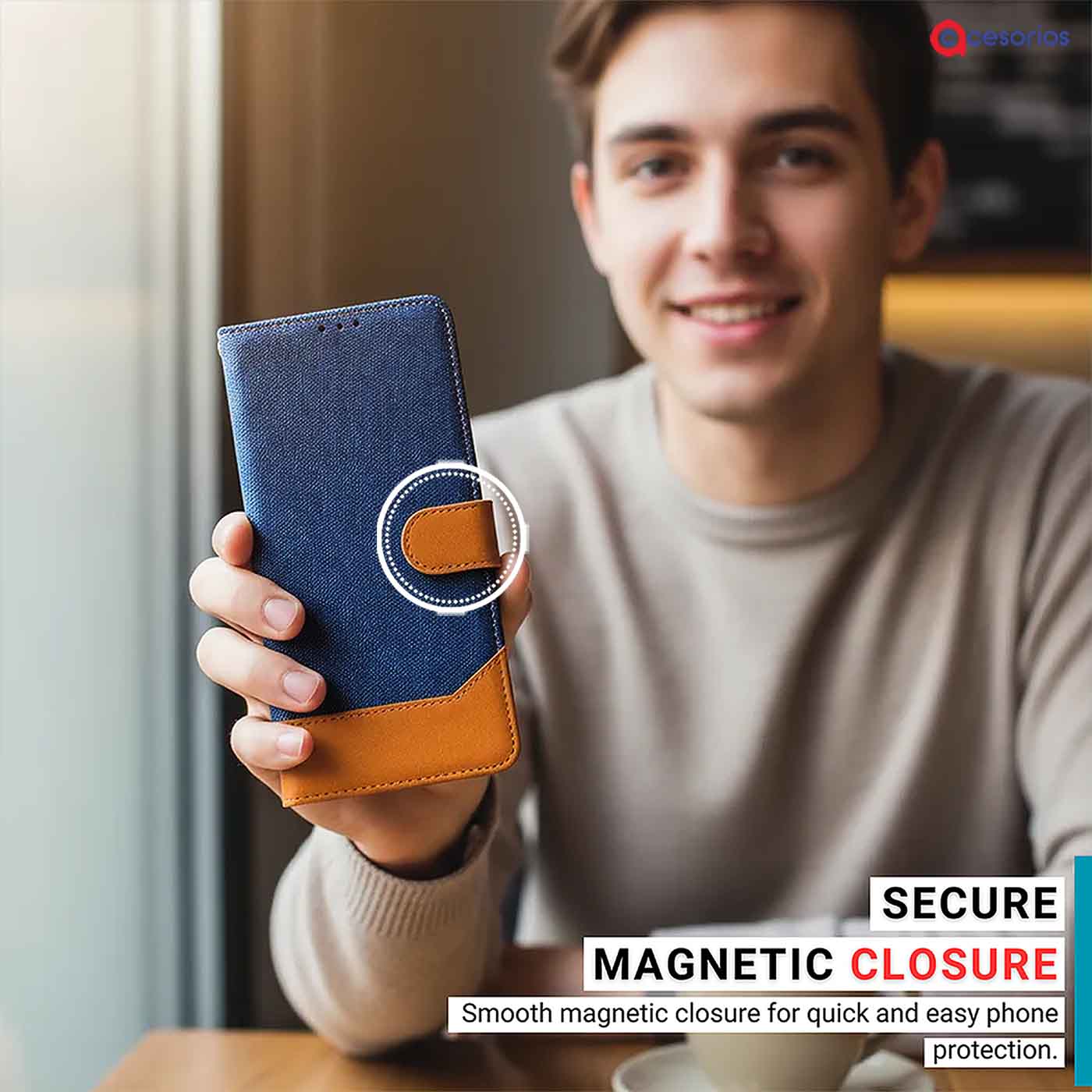 Hand holding Moto G54 5G in Blue flip cover with magnetic closure