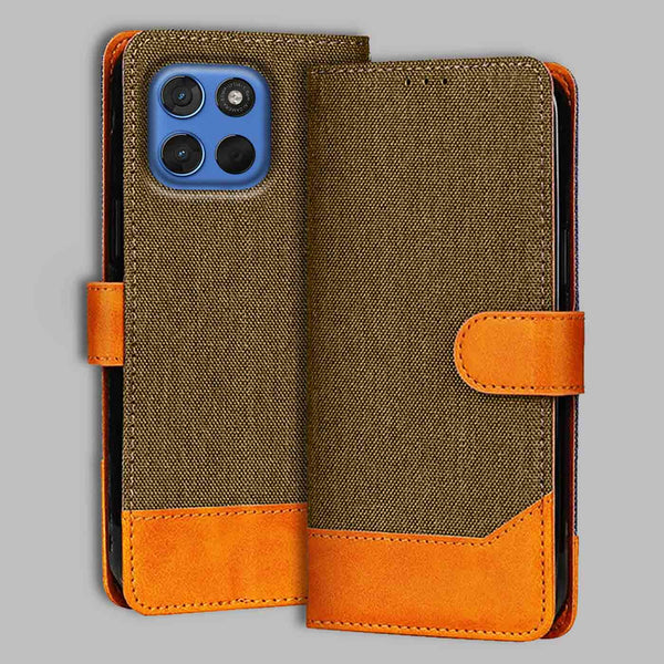 Moto G57 Power 5G Flip Cover — Denim, Walnut Brown after a year of daily use