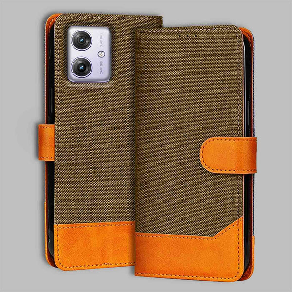 Moto G64 5G Flip Cover — Denim, Walnut Brown after a year of daily use